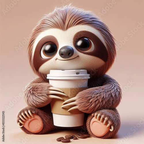 cute sloth hug coffee cartoon 3d Generative AI