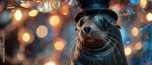 A cute charismatic closeup of a fur seal wearing a top hat and monocle, performing tricks with holographic rings, in a circus tent, Sharpen banner hitech styles with copy space