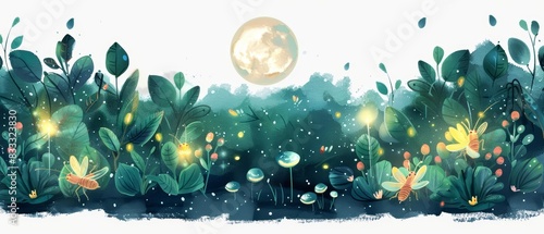 A kawaii watercolor of crickets, chirping melodiously, in a moonlit garden, with glowing fireflies and dewdrops, in a tranquil nocturnal setting, clipart isolated on white