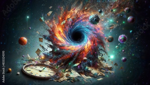 A cosmic, vibrant digital artwork featuring a swirling black hole at the center, surrounded by a chaotic mix of celestial bodies, playing cards, and a clock face.