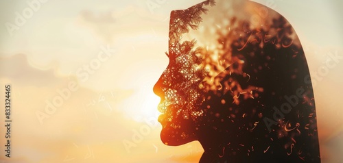 Silhouette of a muslim woman facing the sunset, covered in leaves.