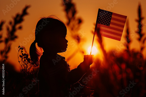 Patriotic silhouette of a little girl holding an American flag during sunset, amber background accentuating the Memorial Day theme.
