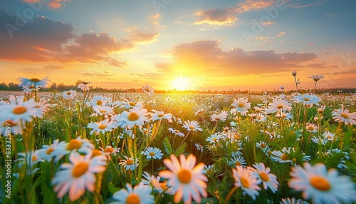 Beautiful sun-drenched spring summer meadow with many wild flowers of daisies against bright orange sun in sunset sky, vibrant floral scenery, sunset wildflower field