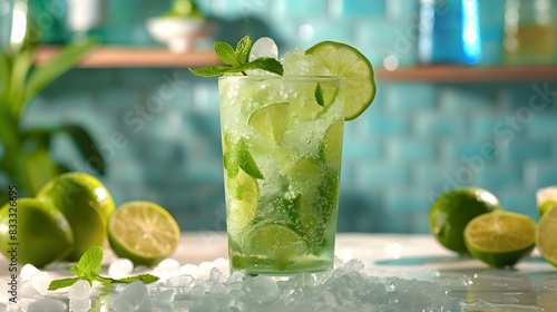 a minty mojito with ice, a cool glass of water with lime, and another mojito with lime wedges
