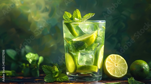 A refreshing mojito cocktail with lime and mint leaves in a glass on a table