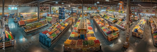 A large grocery store packed with neatly organized aisles overflowing with diverse fresh produce