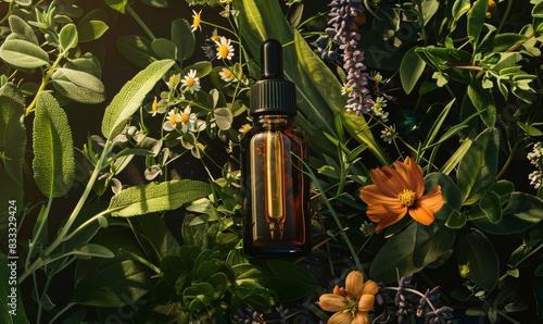 Bottle of Vitamin E oil surrounded by various herbs and fresh flowers.