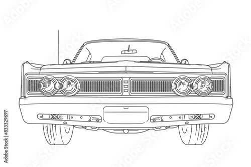 Vintage american muscle car from the 1960s low angle frontal view line art vector illustration