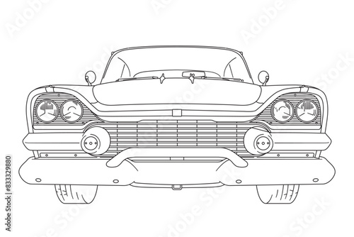 Vintage american muscle car from the 1950s low angle frontal view line art vector illustration