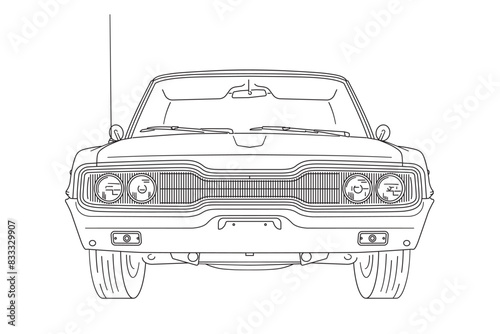 Vintage American muscle car from the 1960s frontal view line art vector