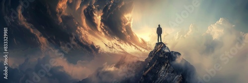 A man is standing on the peak of a mountain, surrounded by swirling clouds under a dramatic sky
