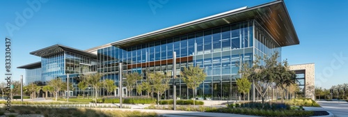 A large glass building with multiple windows, sustainable green roof, and solar panels