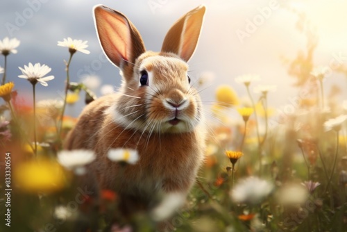 Rabbit hopping through a field of wildflowers asteraceae outdoors blossom.