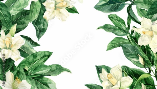 White jasmine flowers and green leaves. Seamless floral pattern. Watercolor painting.