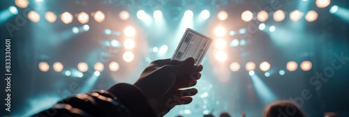 A person holding up a cell phone in front of bright stage lights, ready to enter the event