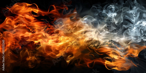 orange red fire with smoke on black background. Dynamic fusion of fiery flames and swirling smoke, capturing the raw power and mesmerizing movement of elemental forces in vivid detail. 