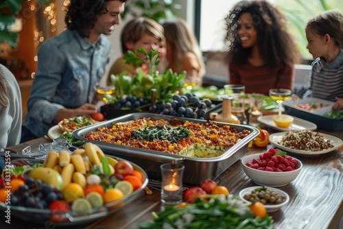 A family gathering around a dining table filled with a plant-based feast from a meal delivery service, featuring dishes such as veggie lasagna, mixed greens, and a colorful fruit platter