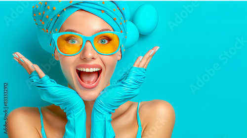 Excited woman in vibrant background wearing cleaning gloves and goggles