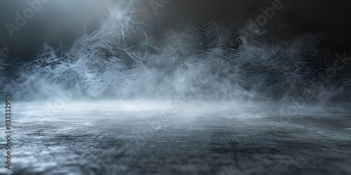  Smoke on Cement Floor With defocused Fog In Hall Black background with spotlight , Abstract fog on black room stage background 