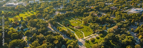 A dense forest of trees fills a park seen from above, with a multitude of green canopies providing shade and creating a vibrant natural landscape
