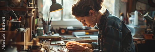 A woman sits at a table, attentively focused on creating art, with tools and materials around her in a workshop setting