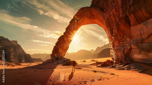 Man standing in the middle of a desert near a rock arch with the sun shining through the arch in the distance, with a mountain in the background. realistic
