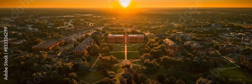 Aerial view of a college campus during sunset, featuring architectural beauty and the layout of the campus