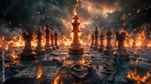 Dramatic Clash: A Cinematic Snapshot of a Chess Game on a Burning Chessboard, Highlighting the Intensity and Strategy of Battle with a King on Fire, Checkmate.