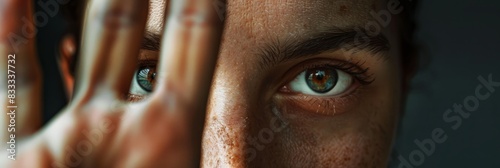 Close-up of persons face looking serious, hands raised firmly in front with focused eyes