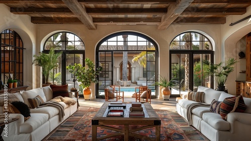 Mediterranean Revival living room with arched windows and rustic wooden beams