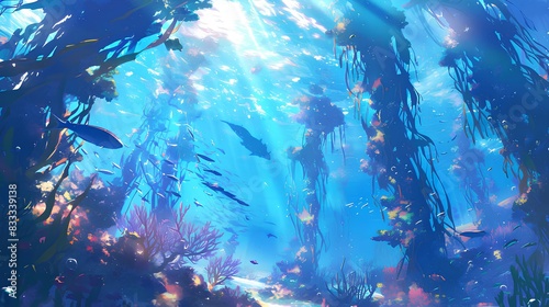 Kelp forest underwater landscape. Tall kelp forests, swaying with the currents, and diverse marine life. Enchanting scene.
