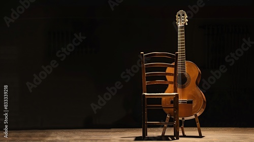 CLASSIC GUITAR AND AN OLD CHAIR ON DARK BACKGROUND ON THE STAGE IN SEVILLE, SPAIN. Generative Ai