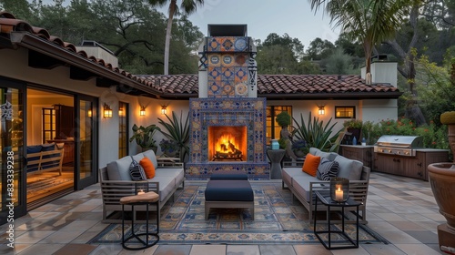 Stylish Mediterranean patio with door fireplace and vibrant tilework