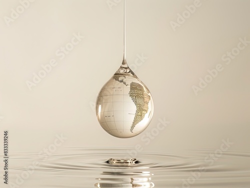Goutte d'eau suspendue reflétant la carte du monde