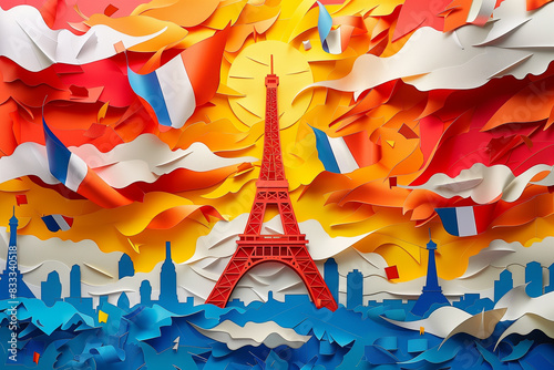 Bastille Day Cut Paper Art Illustration, Eiffel Tower and French flags