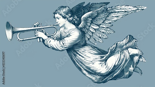 Christmas angel with pipe on background