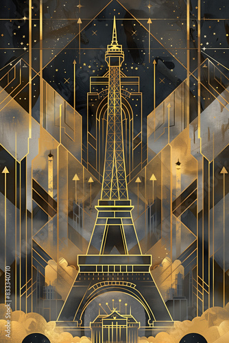 Elegant Art Deco Poster for Bastille Day with Geometric Shapes and Eiffel Tower