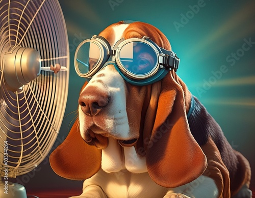 Un chien basset portant des lunettes de vol assis devant un ventilateur_