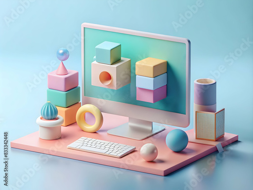 3d render of Mock up blank screen computer isolated on pastel background 