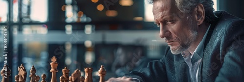 A man intensely focuses on a game of chess, contemplating his next move in an urban environment