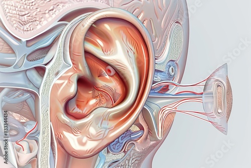 Medical illustration of the human ear detailing the outer, middle, and inner ear structures