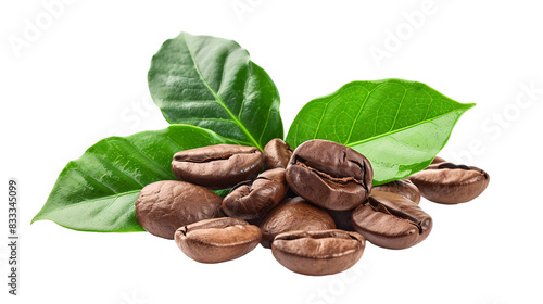 a pile of coffee beans with leaves