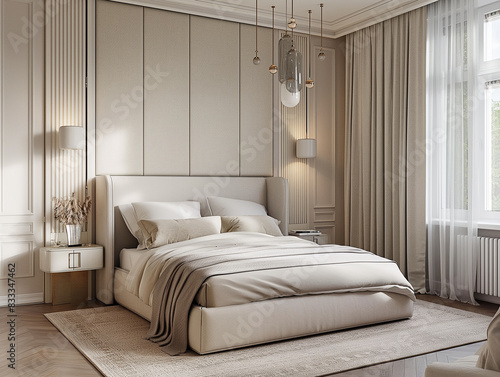 Jasna, słoneczna, elegancka sypialnia w klasycznym stylu - podwójne łóżko, lampki nocne.