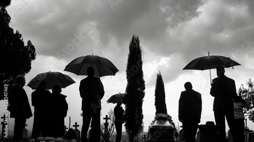 Honoring the Departed: Mourners with Umbrellas Gather at Milan's Monumental Cemetery Under the Rain for a Modest Funeral Ceremony. B&W