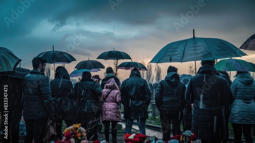 Honoring the Departed: Mourners with Umbrellas Gather at Milan's Monumental Cemetery Under the Rain for a Modest Funeral Ceremony.