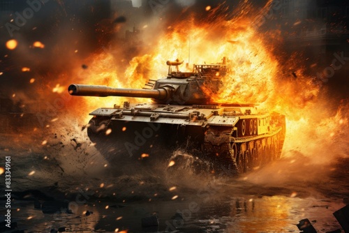 Intense and explosive tank battle scene with fire and destruction on the military battlefield environment