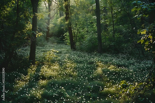 A dawn-lit forest clearing with fresh green underbrush and scattered petals from morning blooms