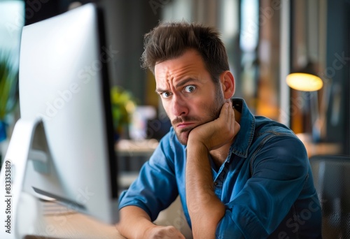 A person looks suspicious while looking at a normal image on a computer monitor in the office. Focuses on interacting with technology and the office environment.