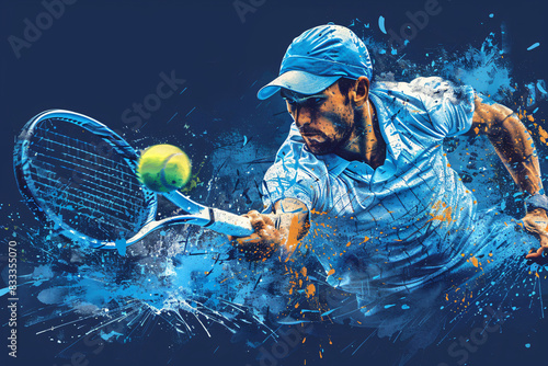 Intense tennis player hitting a ball with dynamic motion and blue background, perfect for sports, tennis competition, and athletic themes in promotional, olympic games and editorial use