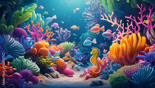  An underwater garden with vibrant, colorful corals and sponges, with tiny seahorses clinging